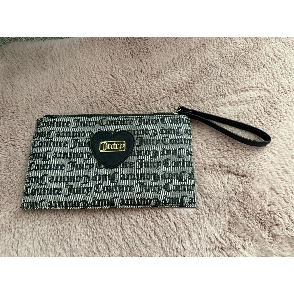 Juicy Couture Logo Wristlet Clutch Gray Black Heart Zip Pouch Wallet Y2K